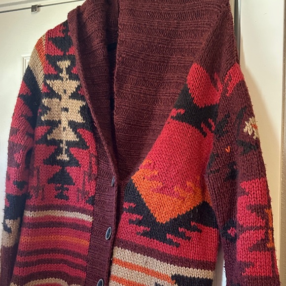 Eddie Bauer Hand Knit Wool Red and Brown Patterned Cardigan - Picture 7 of 12